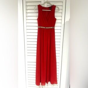 Forever 21 Red Maxi Polyester Dress with Embellished Waist Rhine Stones Size S